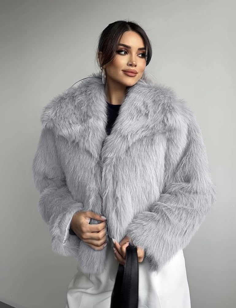 COZYPOIN Womens Faux Fur Jacket Fluffy Fur Coat Cropped Long