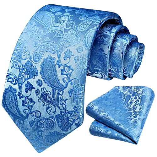 Baby Blue Men's Tie Paisley Floral Ties For Men Solid Classic Pocket Square Set Neckties Handkerchief For Tuxedo Wedding Party Tie #TOP18