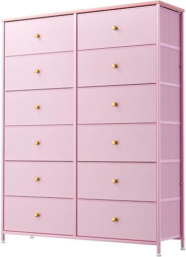 Arlopu Cómoda de 12 cajones, torre de almacenamiento de tela de 6 capas ampliada de 35.2 pulgadas con contenedores de tela con impresión