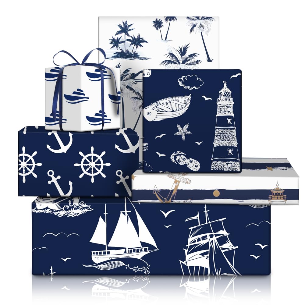 Sea Ocean Wrapping Paper, Navigation Nautical Sailing Anchor Rope Fish Seagull Boat Lighthouse Blue Gift Paper 50x70cm, 6 Folded Sheets with 1 Roll Blue Ribbon, for Birthday, Holiday, Wedding