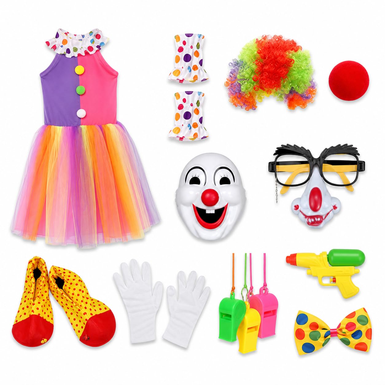 Clown Kostüm Erwachsene Damen 11-teiliges Set für Fasching, Karneval & Halloween – Zirkus Kostüm Damen