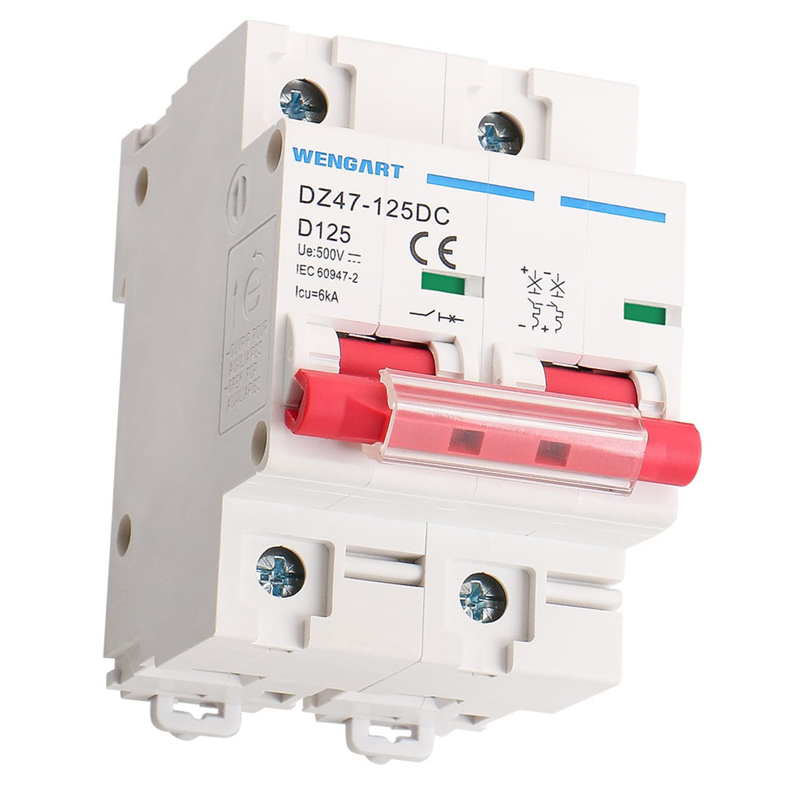 Wengart Disyuntor de CC 125A 2P 500V, Interruptor Automático Magnetotérmico para Paneles Solares y Protección de Baterías de Litio, Protección Fotovoltaica para Carril DIN, Serie DZ47-125DC