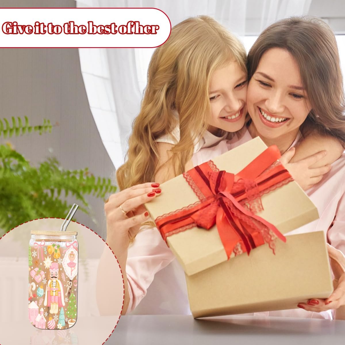 Pink Christmas Iced Coffee Cup, Trendy Aesthetic Glass Tumbler, 16 oz Kawaii Coffee Glass Cup with Lid Straw, Cute Christmas Gifts for Women Teen Girls Sister - Image 5