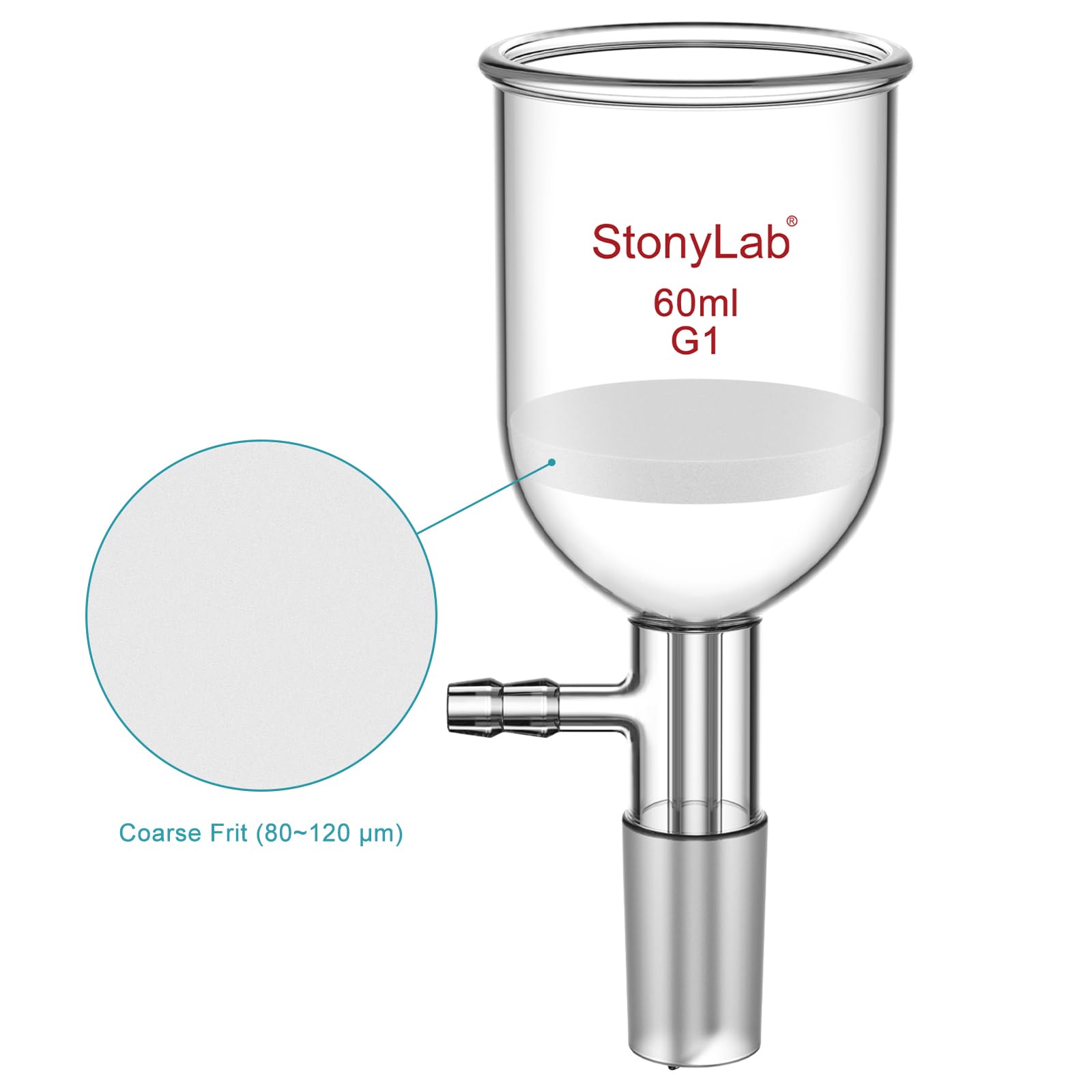 StonyLab borokrzemowy szklany lejek filtrujący z grubym frezem (G1), średnica wewnętrzna 46 mm, głębokość 60 mm, ze standardowym przegubem wewnętrznym 24/40 i ząbkowaną rurką próżniową (60 ml)