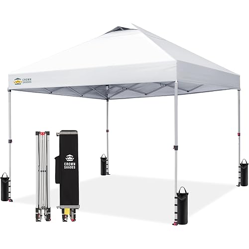 CROWN SHADES 10x10 Pop Up Canopy - Beach Tent with One Push Setup - Easy Outdoor Sun Shade for Events, Parties, Camping - Gazebo with STO-N-Go Cover Bag, Silver Coated Top, Grid White