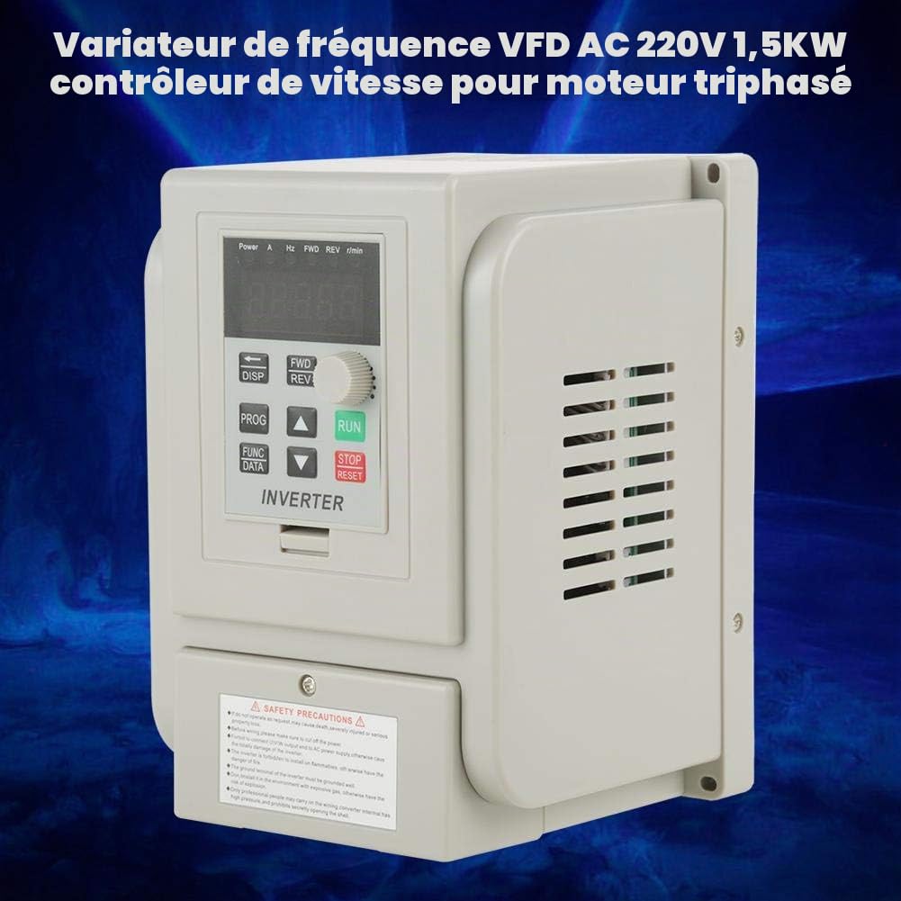 Variateur de Fréquence VFD, Variateur Professionnel de Fréquence VFD Monophasé Variateur de Vitesse pour Commande de Vitesse de Moteur à Courant Alternatif de Broche (220V 1.5KW)