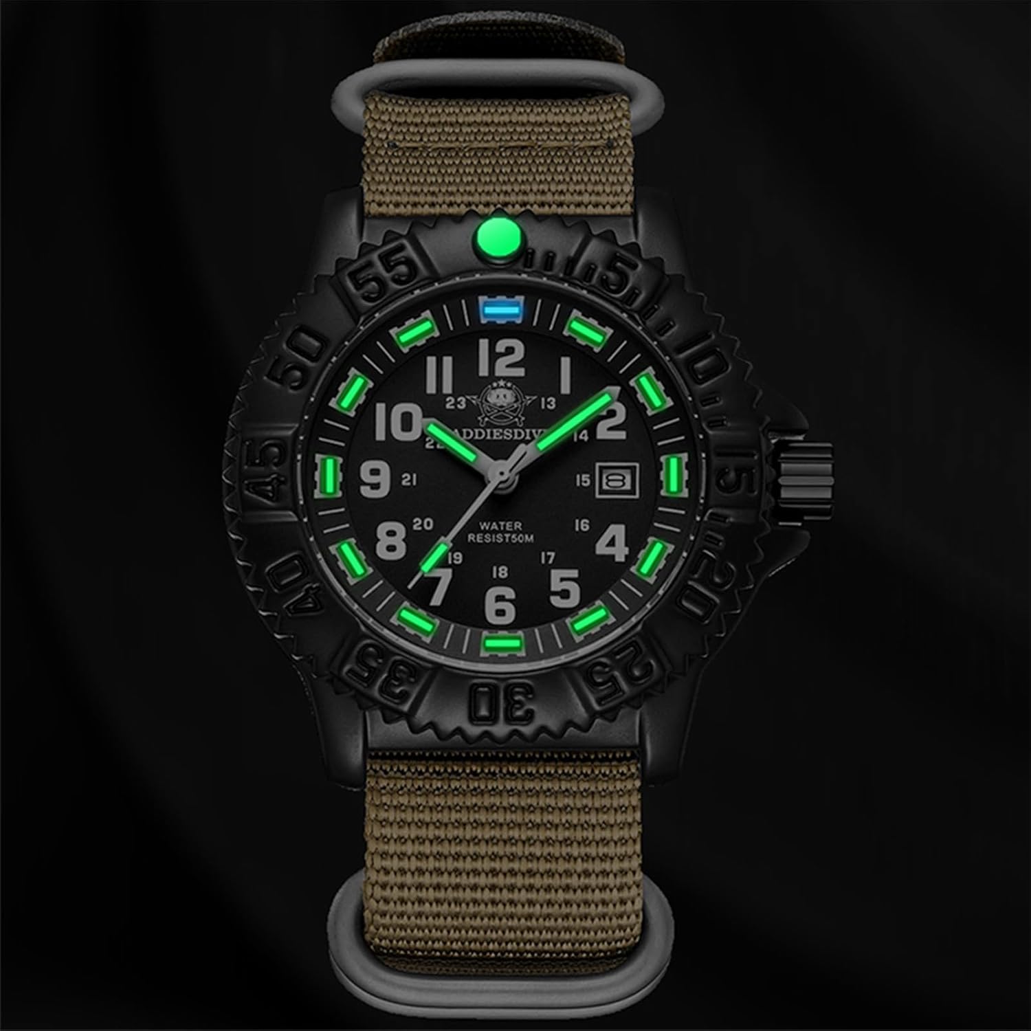 ADDIESDIVE Watch for Men Alloy Case Mineral Analog Quartz Rotatable Bezel Luminous Military Mens Watches with Stainless Steel Bracelet/Olive/Khaki Nylon Band