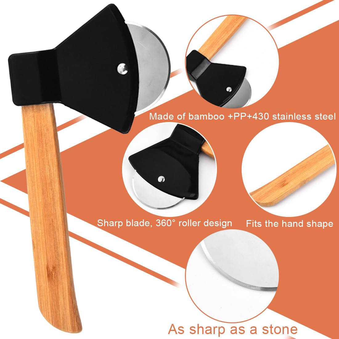 Hacha Cortador de Pizza,Corta Pizzas de Acero Inoxidable con Mango de Roble,Accesorios Cocina con Protección Anticortes,Súper Afilada y Duradera Ideal para Pizza,Pasteles (Negro)