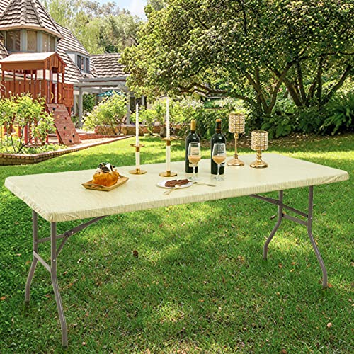 Elastic Vinyl Fitted Tablecloth For 6 Ft Folding Table, 28" X 72" Rectangle Flannel Backing Table Cover, Waterproof Wipeable Table Cloth For Indoor Outdoor Picnic Parties, Beige Texture #TOP5