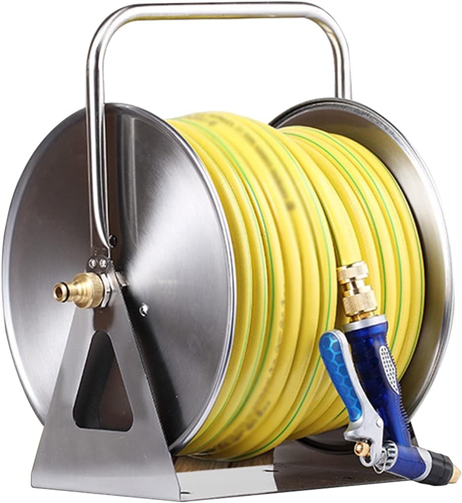 Garden Hose Reel Cart,Household Stainless Steel Water Pipe Storage Rack, Gardening High-Pressure Water Gun Hose Car Hose Reel, Save Space (Color : Silver, Size : +DN15 30m Yellow Pipe)