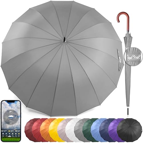 Royal Walk Large Windproof Umbrella for 2 People, 54 Inch, Grey, Aluminum Frame, 16 Ribs, Wooden Handle, Auto Open, Drying, Strong, Travel 120cm