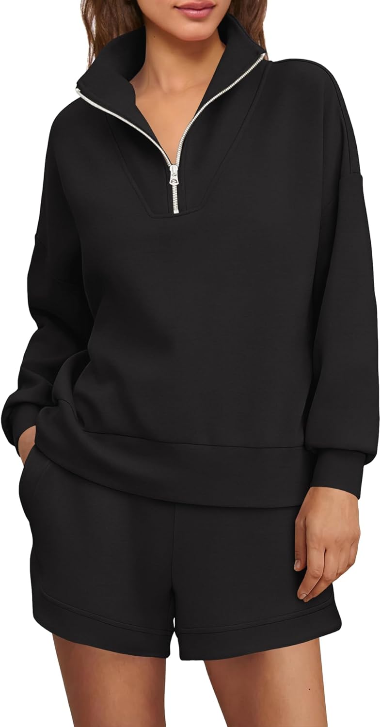 Nirovien Womens Sweat Suits 2 Piece Set Long Sleeve Quarter Zip Sweatshirt and Shorts Set Airport Travel Outfit with Pockets - Image 2