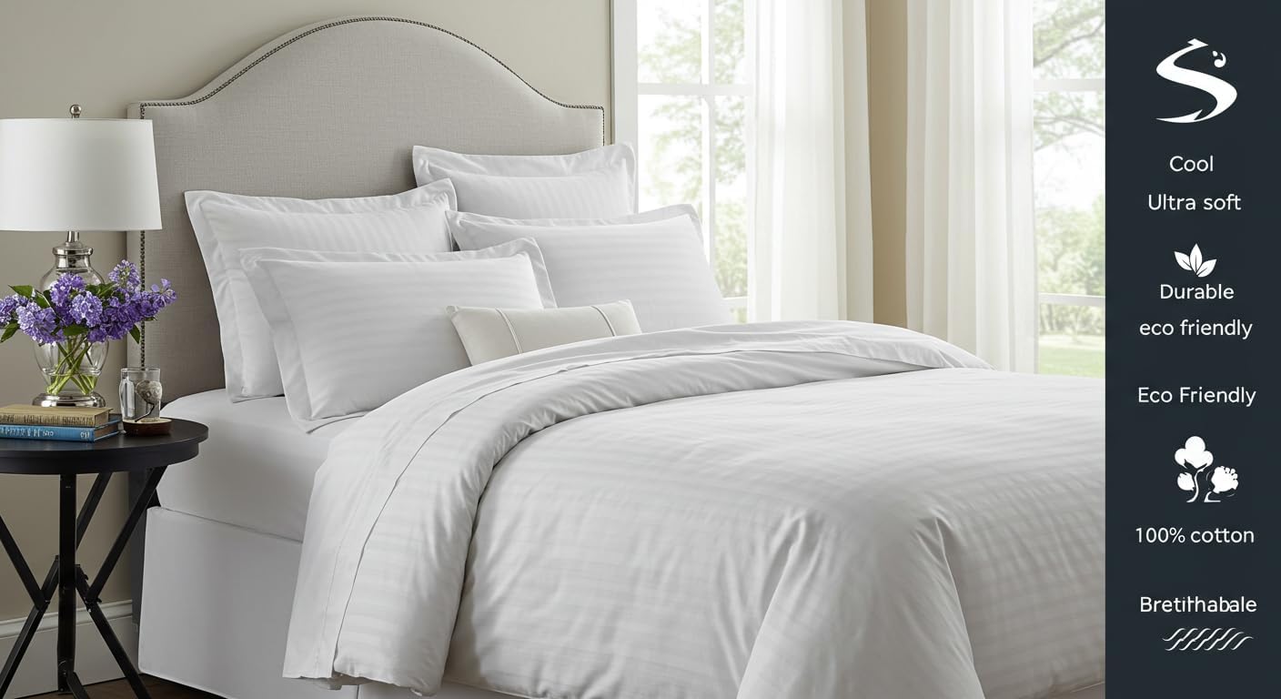 Duvet Cover White, Single 300 Thread Count Stripe Pattern Soft and Breathable 100% Cotton 68x88 inches 1 Duvet Cover 1 Pillow Cover 20x30 incches