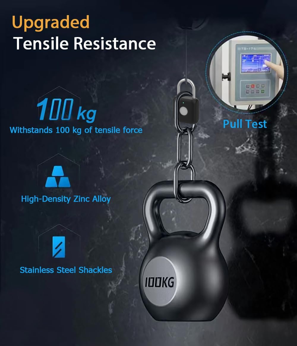 eLinkSmart Fingerprint Padlock undergoing a tensile strength test, showing it withstands 100 kg of force