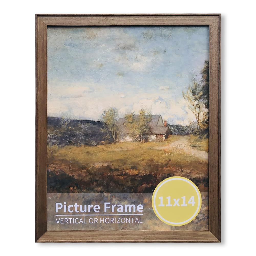 YUMKNOW 11x14 Picture Frame - Solid Wood Photo Frame - Wall Art Frame - Poster Print Frame - Brown Modern Farmhouse Real Wooden Frame - Stand or Hanging -11 by 14 - Minimalism 11 x 14 Artwork Frame