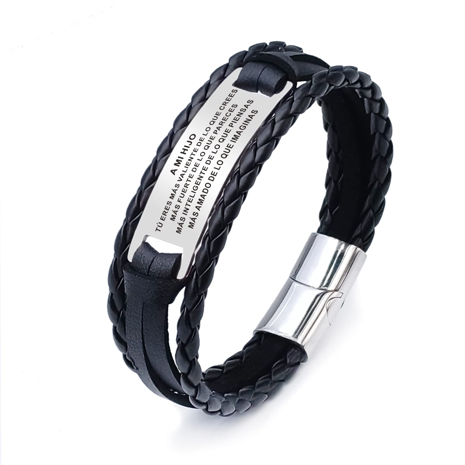 HAYOUWAY HAYOUWAY Pulsera de nieto para mi hijo Pulsera de mamá abuela, pulsera de cuero trenzado para hombre Pulseras inspiradoras Pulseras personalizadas de acero inoxidable grabadas Regalo de hijo