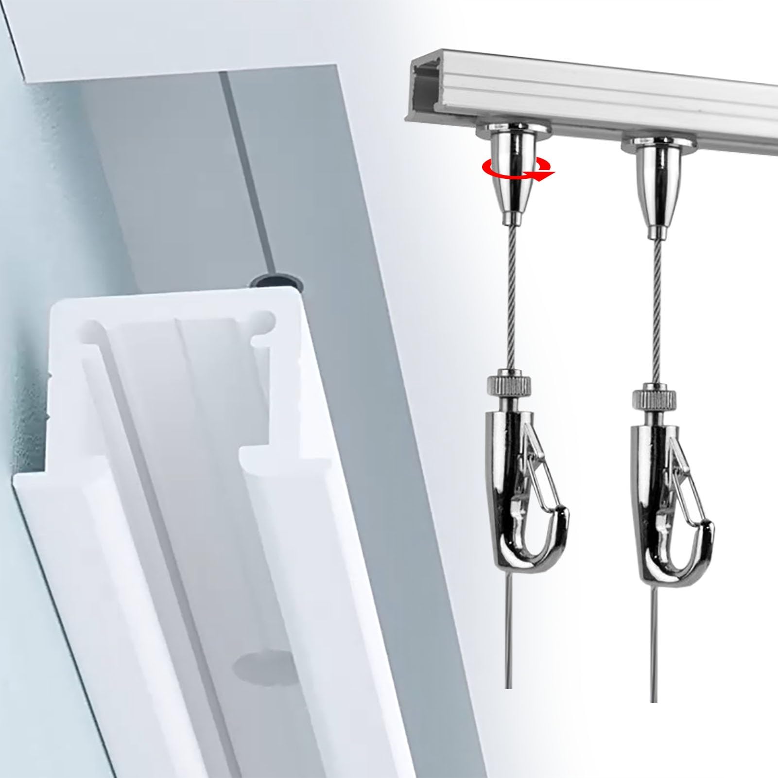 Colgar Cuadros Riel para Colgar Cuadros en El Techo, Ideal para Paredes de Hormigón. Perchas Giratorias de Aluminio para Marcos Pesados. Exhibidor de Fotos con Riel en U y Ganchos Ajustables.(122cm/48