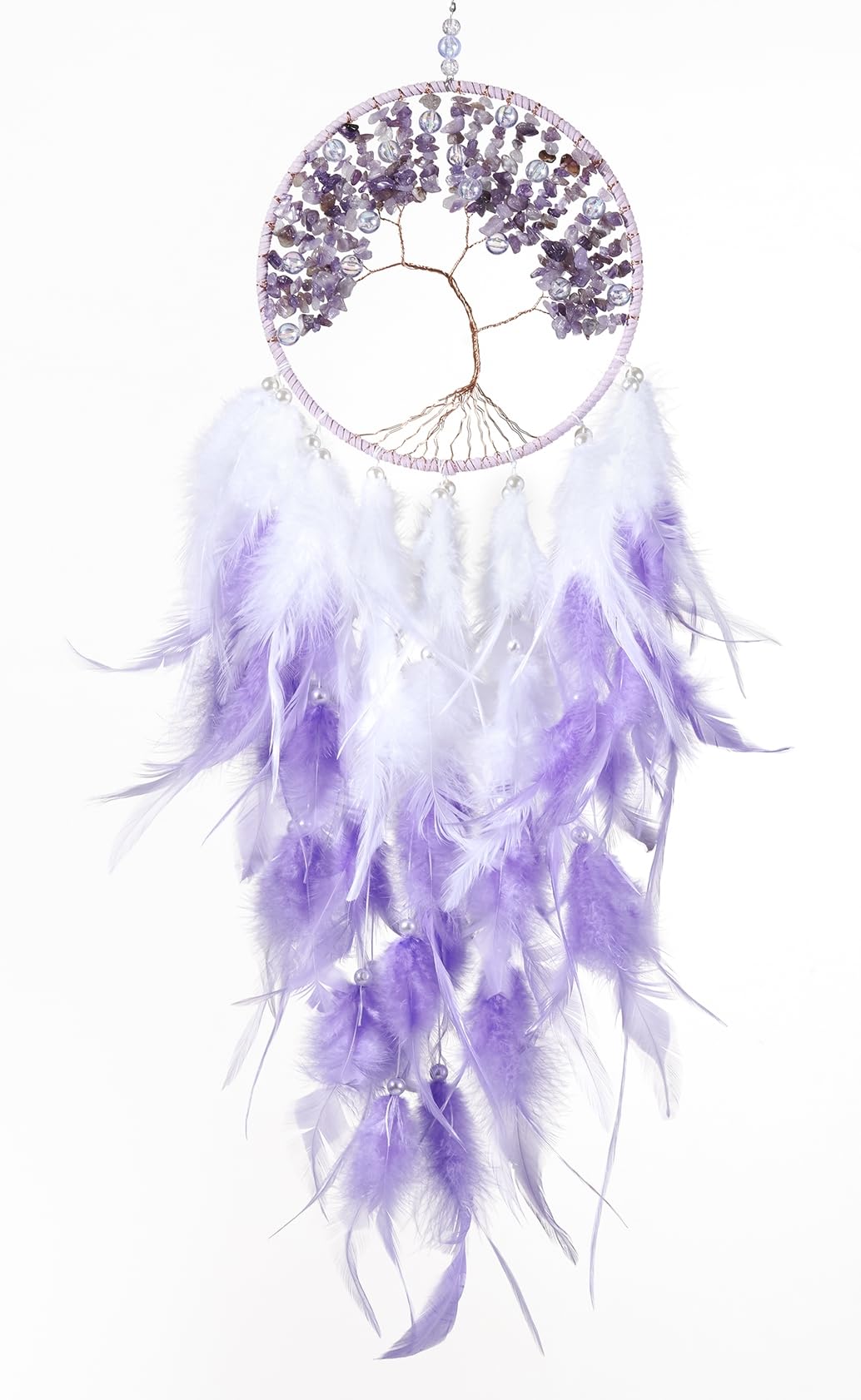 Tree of Life Large Dream Catchers - Lavender Rooster Feathers with Amethyst, Handmade Chakras Dreamcatcher for Bedroom, A Dream Catcher for Girls,