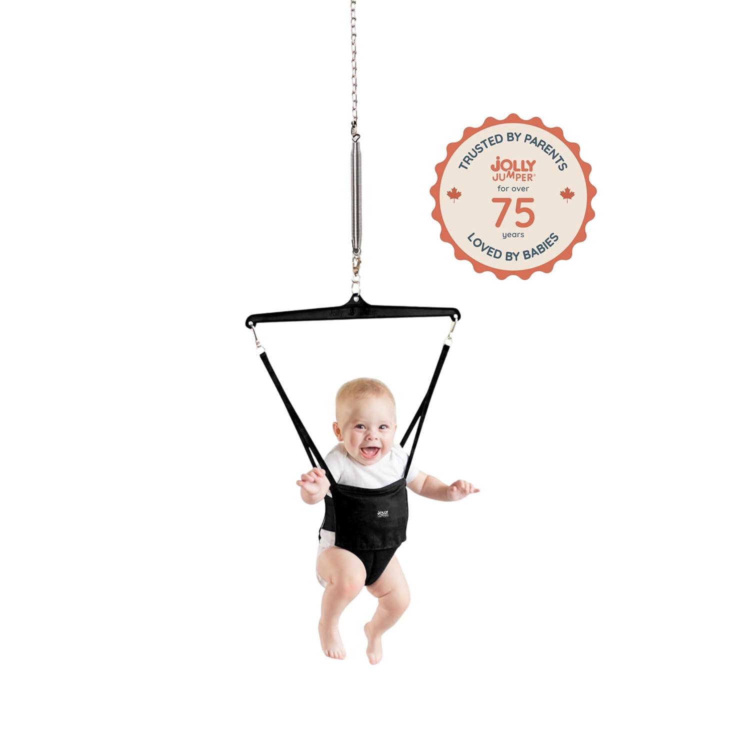 Jolly Jumper Iconic (Black), Doorway Baby Jumper, Indoor Exercise Saddle Seat, Adjustable Height, for Infants up to 28lbs, No Stand Required