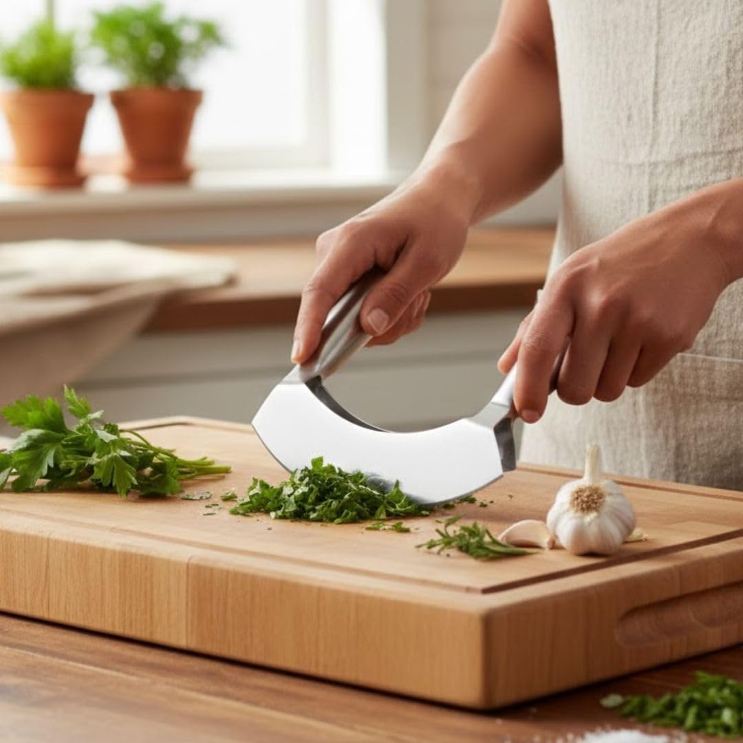 Soro Essentials- Stainless Steel Double Blade Chopper Knife- Versatile Chopping Tool Choppers Vegetable Cutter Onion Chopper Mincing Knife Pizza Cutter for All Kitchen Home Restaurants Needs