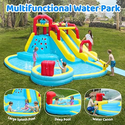 ELEMARA Inflatable Water Slides, 7 in 1 Inflatable Water Park for Kids and Adults with 750W Blower,Double Blow up Splash and Deep Pool, Climbing Wall, Water Spray, Water Canon for Outdoor
