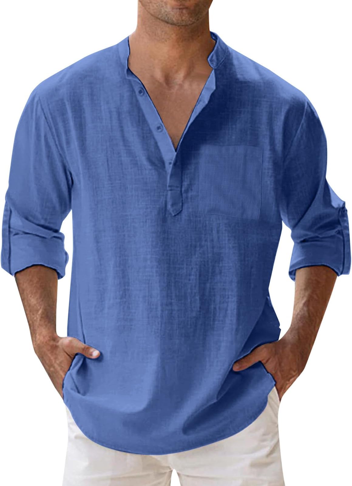 Men's Cotton Linen Henley Shirts Long Sleeve Hippie Casual Summer Beach T-Shirts Hawaii Hippie Button Down T-Shirt for Men
