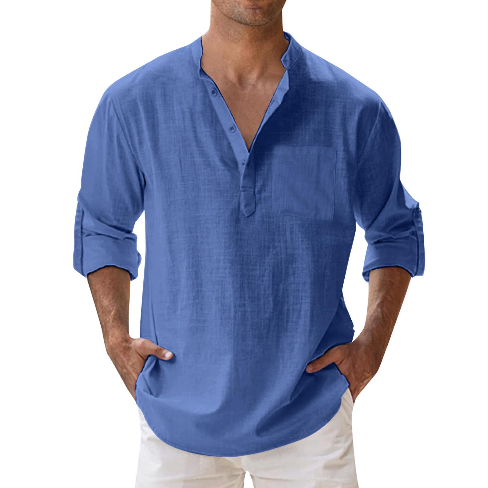 Men's Cotton Linen Henley Shirts Long Sleeve Hippie Casual Summer Beach T-Shirts Hawaii Hippie Button Down T-Shirt for Men