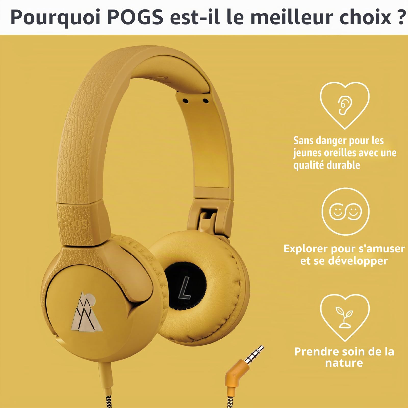 POGS The Elephant 2 Casque filaire réglable et durable pour enfants de 3 ans et plus | Limité à 85 dB, microphone | Supra-auriculaire | Fonction de partage de musique Câble audio de 3,5 mm sûr (1 m