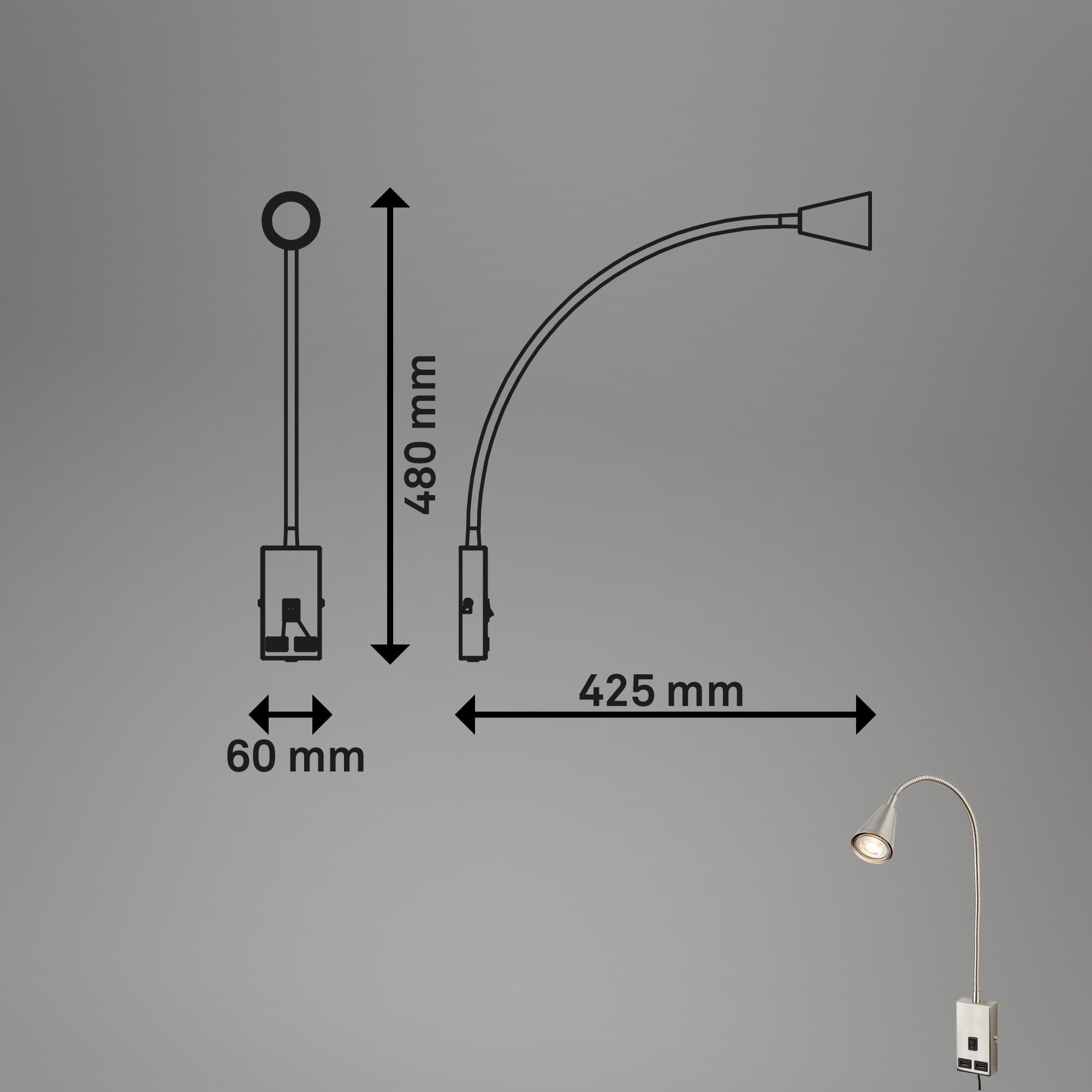 Briloner - Lampada da lettura con porta USB, interruttore on/off, orientabile, applique, lampada da parete, lampada da letto, lampada da comodino, lampada da comodino, altezza 50 cm, nichel opaco