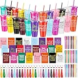 Hollowfly 24 Sets / 96 Pcs Inspirational Appreciation Gifts Thank You for Coworkers, 24 oz Plastic Cup with Lid Straw Notebooks Ballpoint Pens Keychain Associate Appreciation Gifts (Colorful)