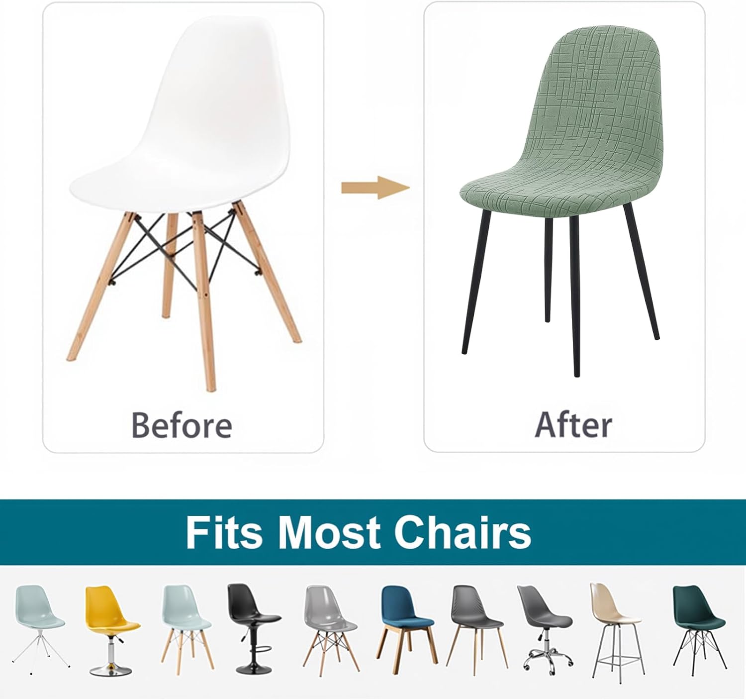 KRFOONN Jacquard Mid Century Modern Dining Chair Covers Stretch Shell Chair Covers Lounge Armless Chairs Cover Soft Dining Room Chair Slipcover for Kitchen Living Room Side Chairs (Set of 4, Green)
