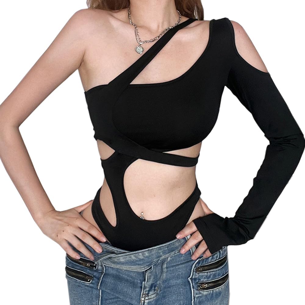 SINROYEE Sexy Hollow Out Women Bodysuit Summer Streetwear Outfit Gothic Jumpsuit T Shirt Short Sleeve Sleeveless (SIZE:Large)