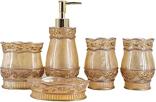 High Grade 5 Pieces Bathroom Accessory Set With Golden Rose Relief ,Resin Sanitary Ware,Home Decor,Bath Ideas,Home Gift - coolthings.us
