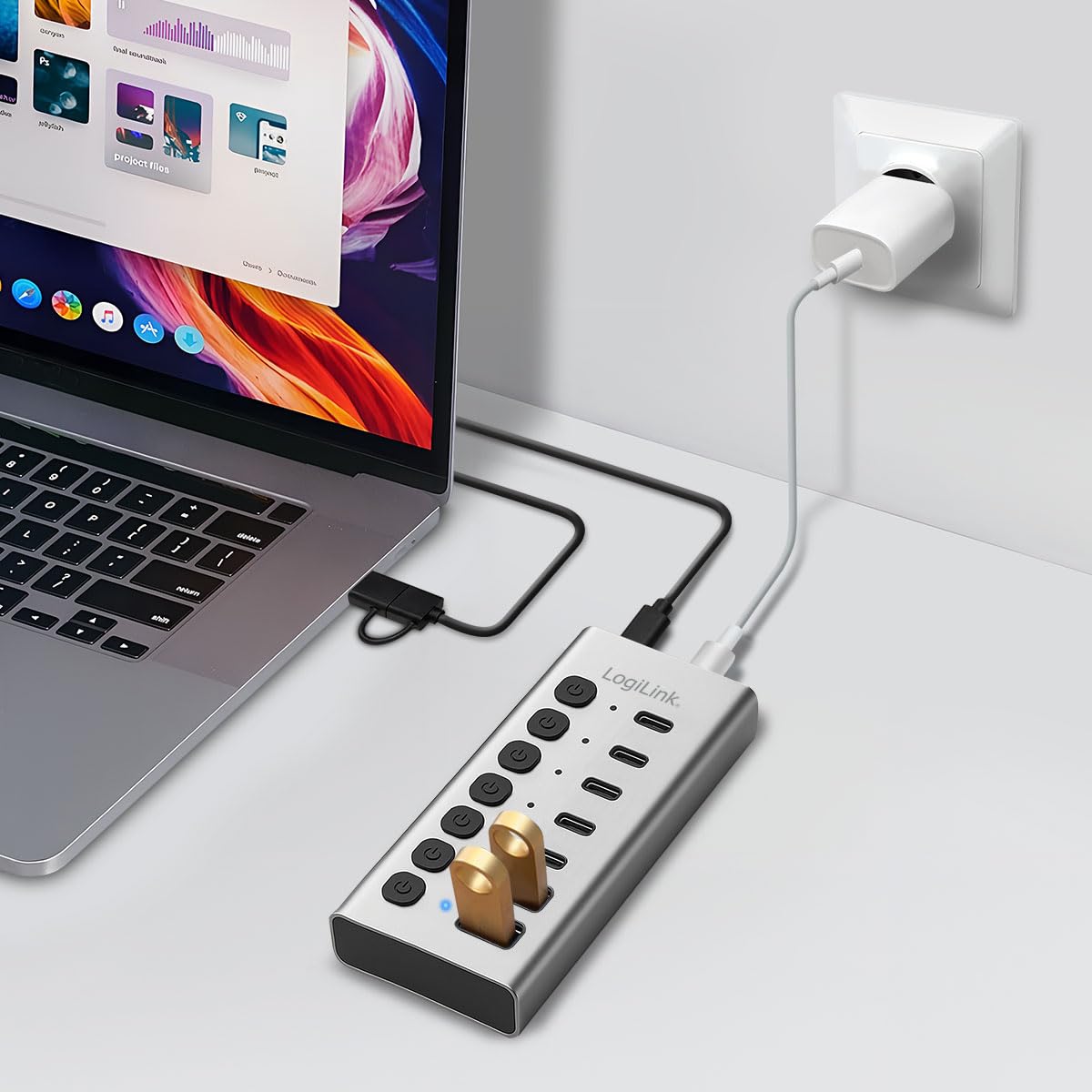 LogiLink UA0447 - Hub USB 3.2 Gen1 con 7 Puertos y Cable/Adaptador, USB Tipo A y USB Tipo C, Interruptor de Encendido/Apagado, Aluminio