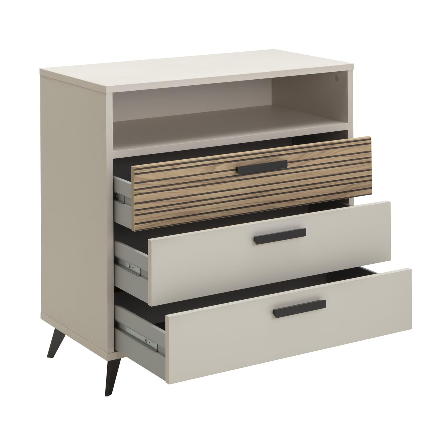 Composad | Cassettiera della Linea BRAVO con 3 Cassetti e 1 Vano Aperto, Cassettiera Per Cameretta Bambini, Moderna, (LxAxP): 91,2x94,8x44,7 cm, Grigio Cashmere Topmatt e Strippedwood