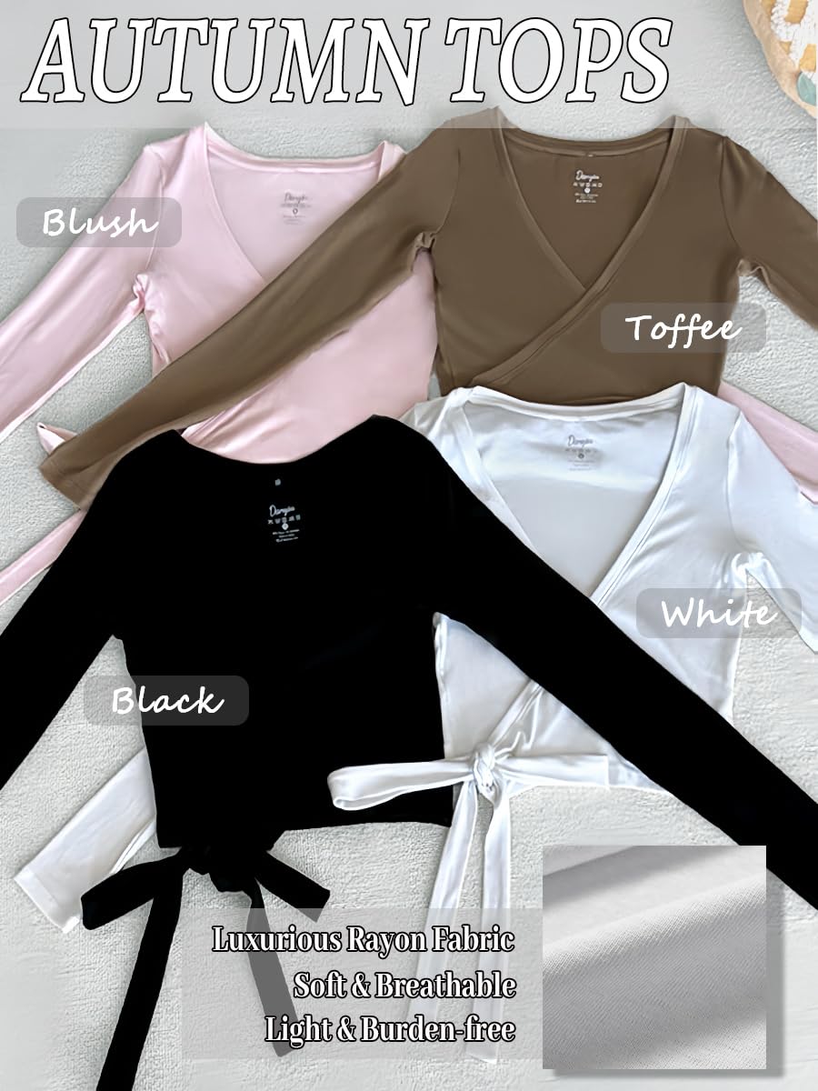 Danysu Camisetas de ballet de manga larga con lazo cruzado, cuello en V profundo, ropa de baile, cárdigan de otoño