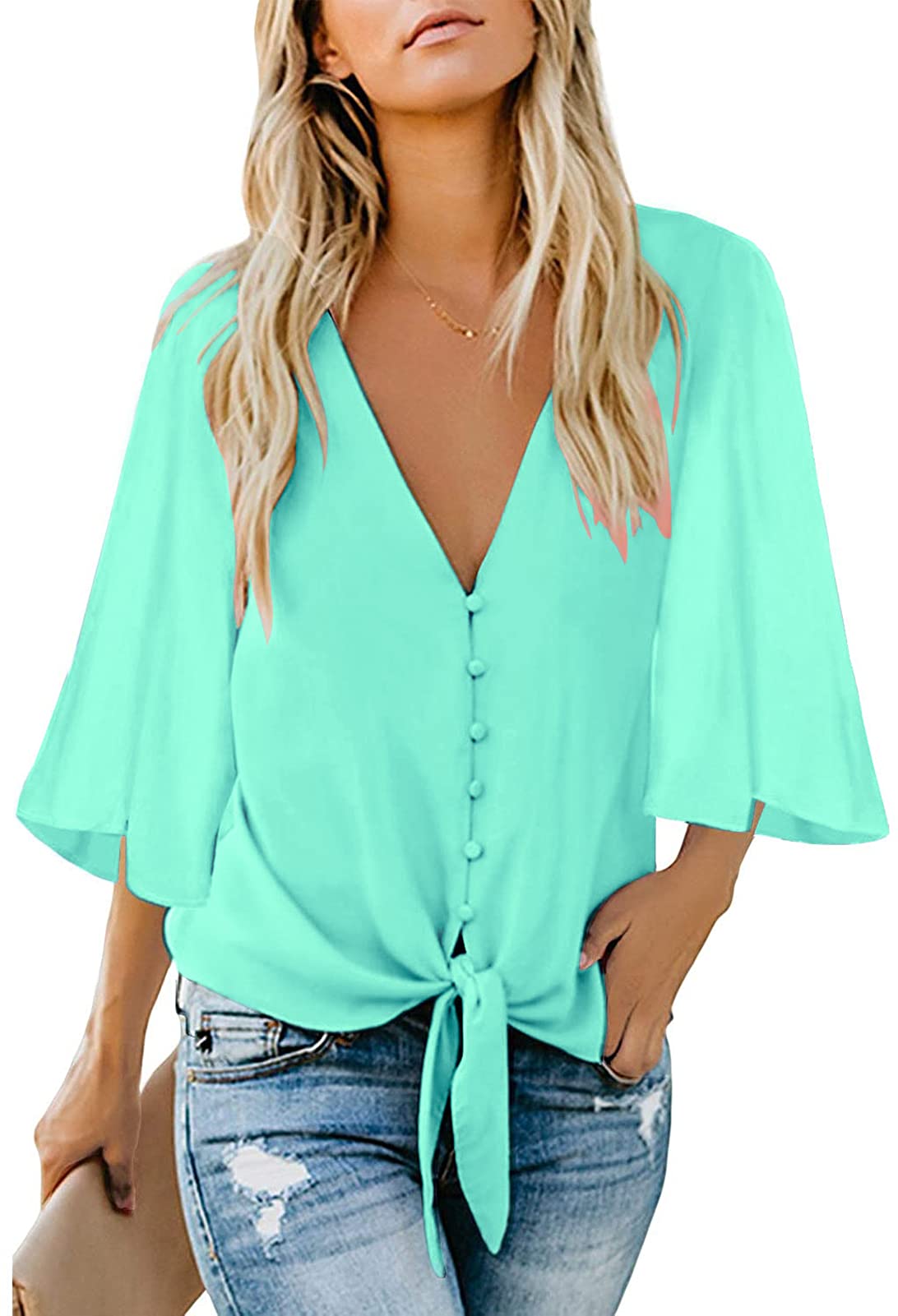 KancystoreWomens Button Down V Neck Tie Knot Front Tops 3/4 Sleeve Chiffon Casual Blouse Shirts