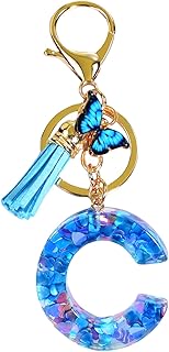 [Tuyhnj] イニシャル キーホルダー 樹脂レターキーホルダー チャームキーホルダー イニシャルレタータッセルキーホルダー 手作りクリスタルエポキシ蝶タッセルキーホルダー女性のペンダント レディース メンズ 可愛い プレゼント アクセサリー