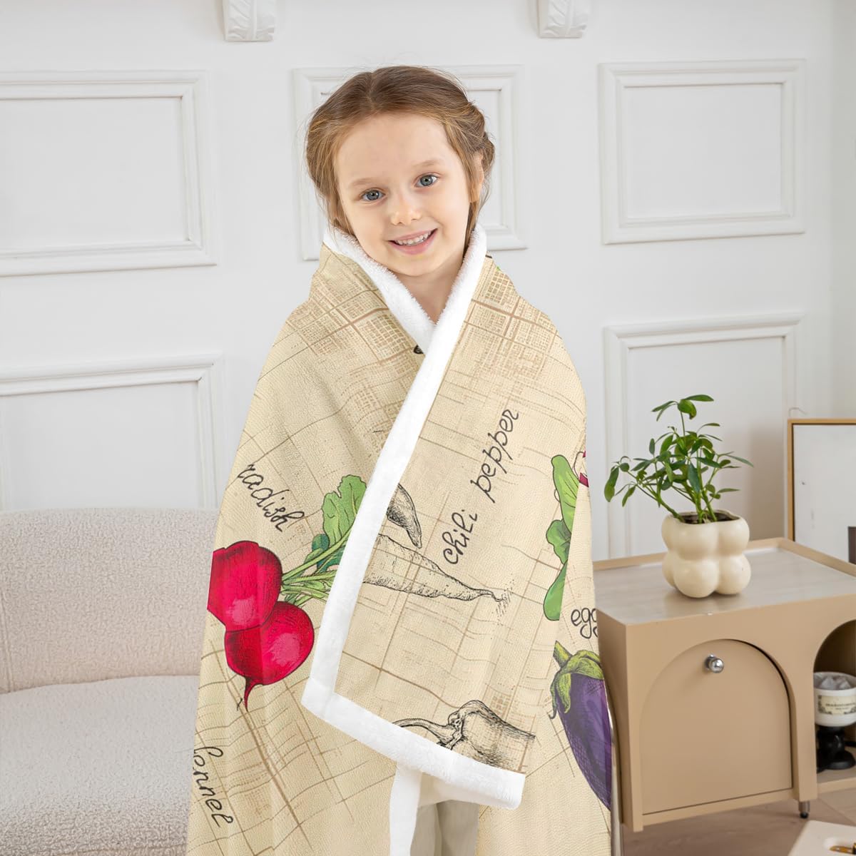 Feelyou Vegetables Fleece Throw Blanket Radish Eggplant Print Sherpa Blanket for Sofa Couch Food Theme Plush Fresh Vegetable Pattern Warm Fuzzy Room Decor 50"x60"