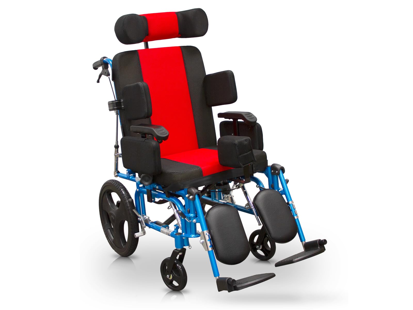 QUIRUMED - Silla de Ruedas Neurológica Plegable y Ligera | Ajustable en Respaldo hasta 85° y Reposapiés | Sistema Antivuelco | Brazos Rectos Desmontables, Azul y Negro