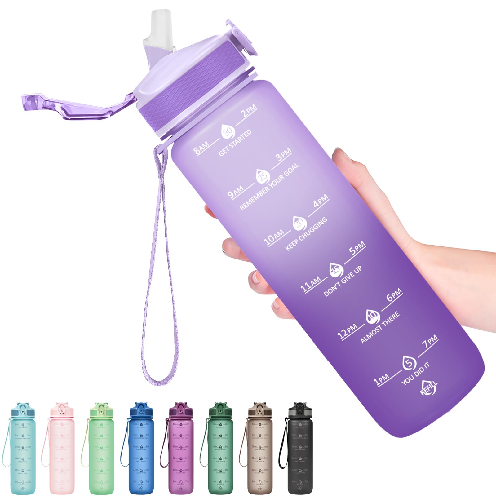Hyeta Plastic Water Bottle With Straw & Time Marker, 32oz Leakproof Jug