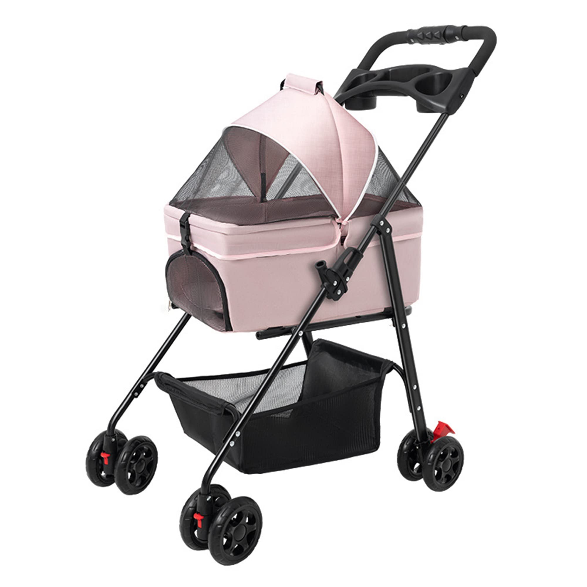 Carrito para mascotas para perros y gatos, portátil, plegable, para exteriores, carrito para perros pequeños, cesta desmontable (color: rosa)