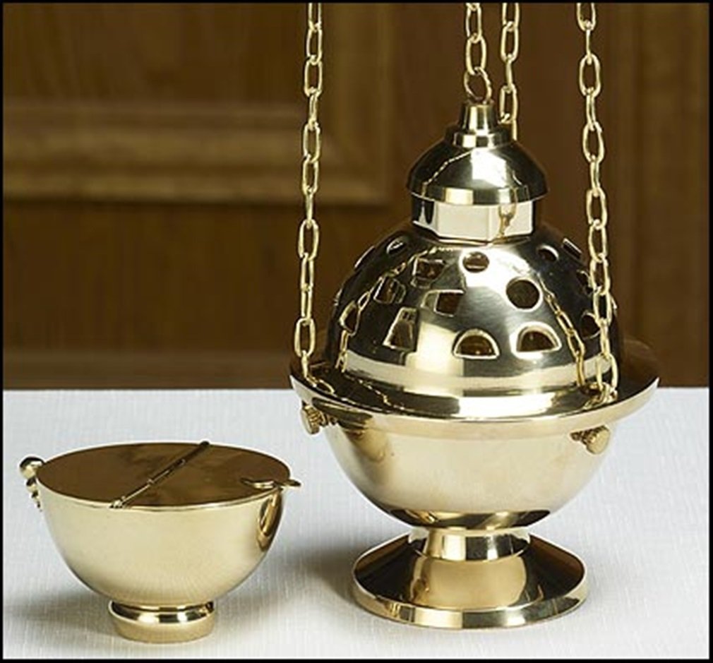 Polished Brass Hanging Censer and Boat Set, 7 1/2 Inches