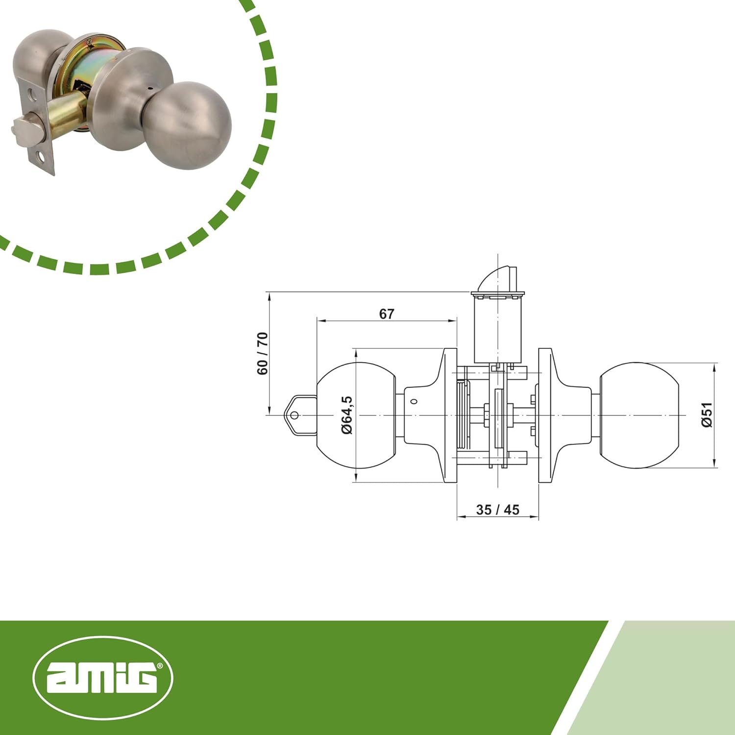 Amig - Knob 603 a.Stainless Steel 18/8 Ball Type | with External Key | Entry Handle 60/70 mm | Square Edge | Stainless Steel | Silver | Doors Thickness 35 to 45 mm