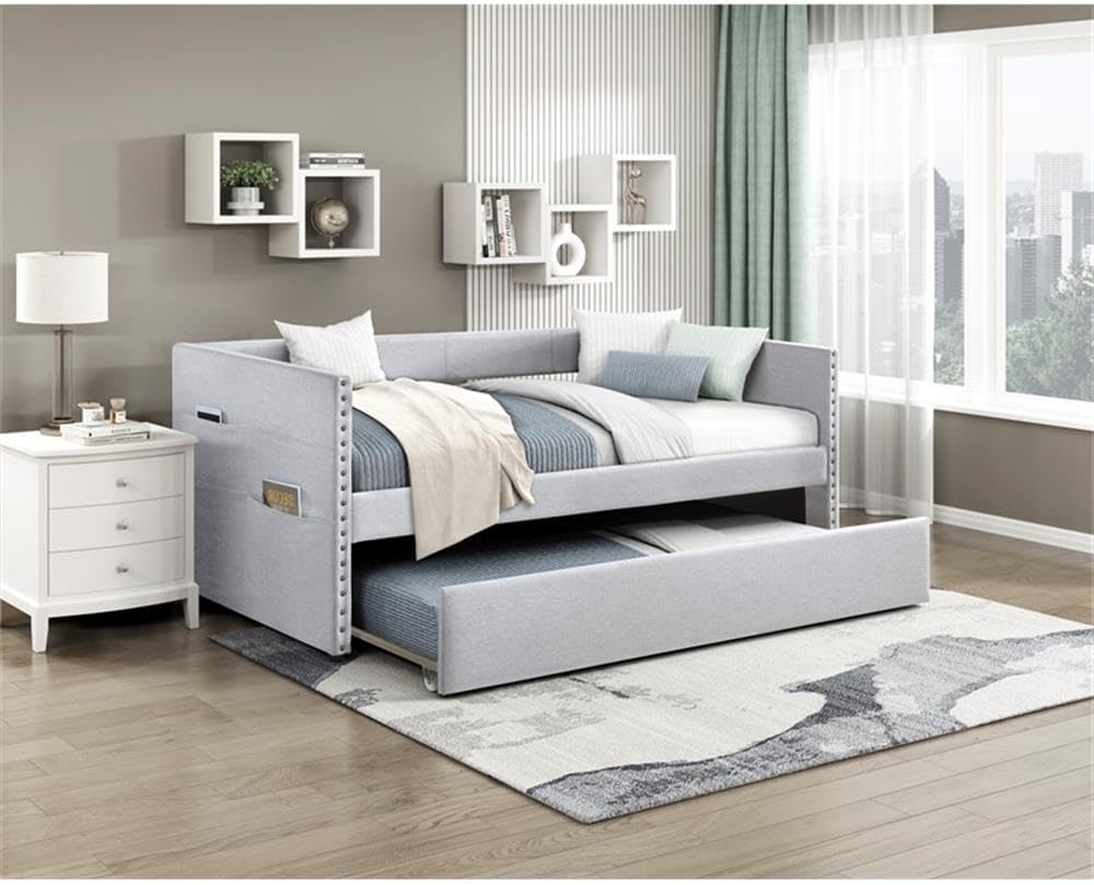 Pemberly Row Textured Fabric Daybed with Pull-Out Trundle, Light Gray Upholstery, Nailhead Trim, Durable Plywood Frame, Storage Pockets, 76 x 40 x 13H, Twin Size Guest Bed for Living Room or Bedroom