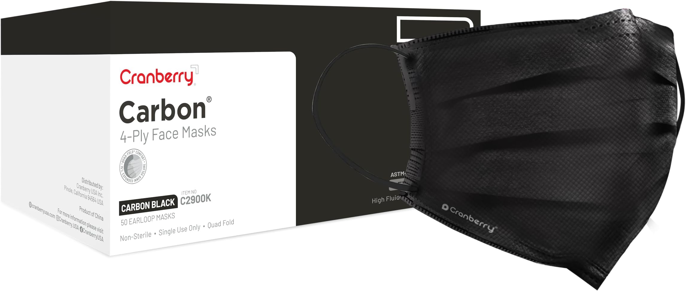 Cranberry USA C2900K Cranberry Carbon Earloop Face Masks, Black (Pack of 50)