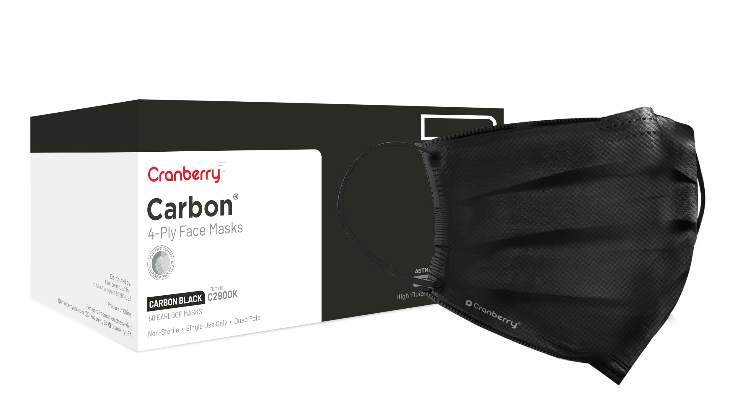 Cranberry USA C2900K Cranberry Carbon Earloop Face Masks, Black (Pack of 50)