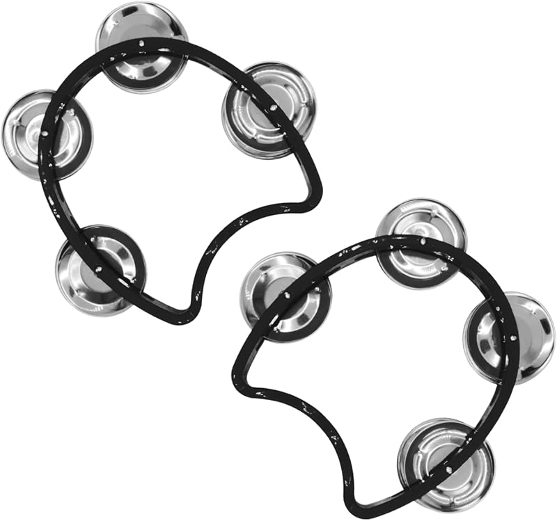 Paquete de 2 mini panderetas, media luna de mano con cascabeles | Instrumentos de percusión de plástico negro para niños y adultos, clase de música escolar, fiesta de banda, iglesia, juego a granel