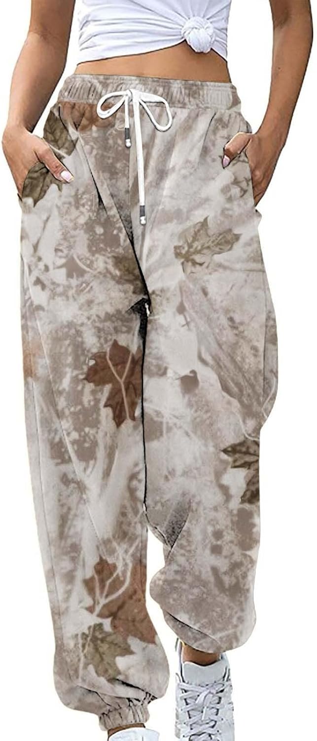 Camo Pants Women Maple Leaf Print Stretchy Pant Drawstring Elastic High Waist Pants Wide Leg Casual Trendy Pant