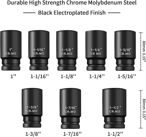 Miniatura 3 de Juego de llaves de impacto profundo de 34 pulgadas, 6 puntos, SAE (1 a 1-12 pulgadas), 8 piezas, Cr-Mo. Juego de llaves de impacto resistente.